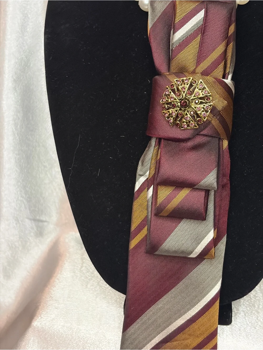 Vince Camuto Burgundy Gold Striped Silk Scarf Tie